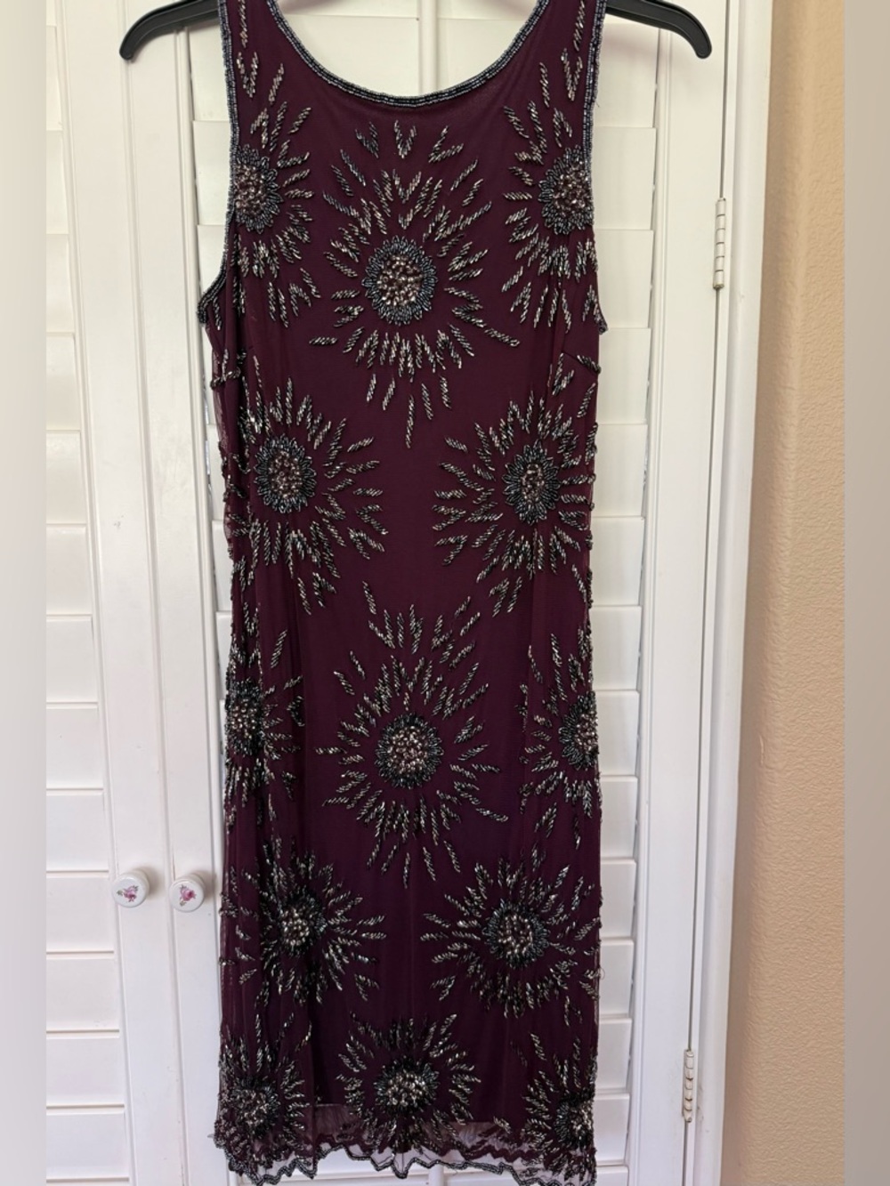 Embellished Wine Midi Dress with Sunburst Beading